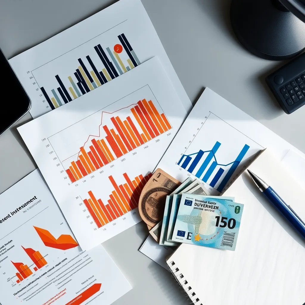 Persoon die financiële documenten analyseert op bureau