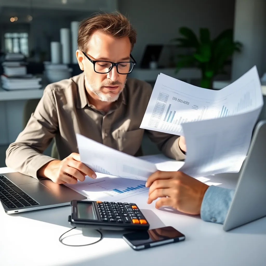 Persoon die belastingformulieren bekijkt met calculator